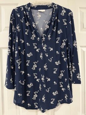 Charter Club Navy Blue Floral V-Neck Blouse